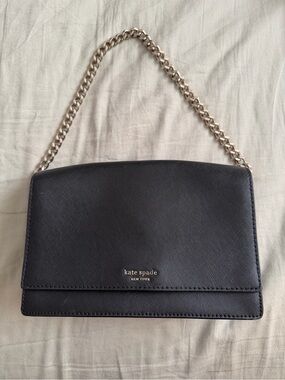 kate spade small Black Leather Shoulder Bag with silver Chain